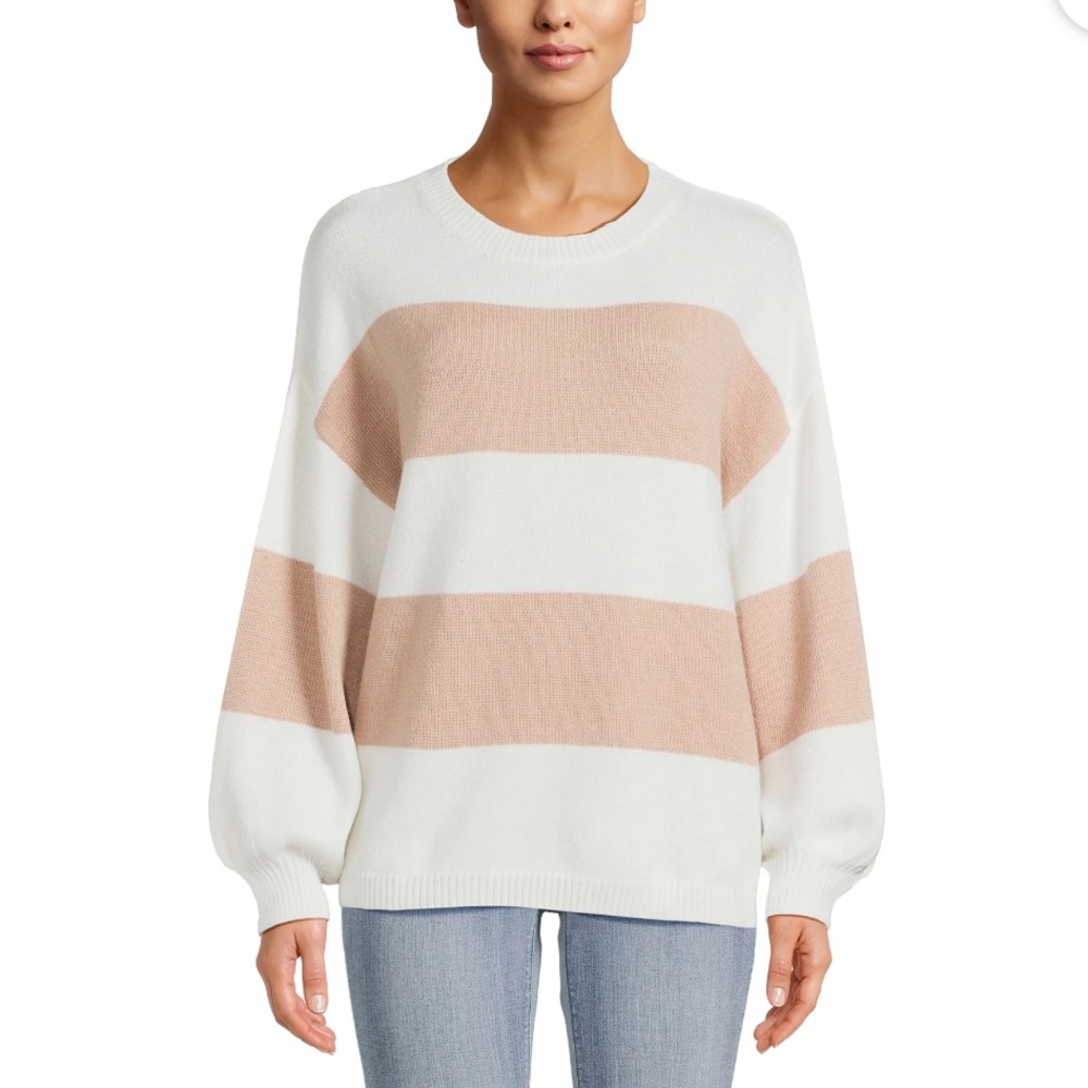 Dreamer’s by Debut Striped Long Puff Sleeves Sweater in Cream and Taupe Size XS